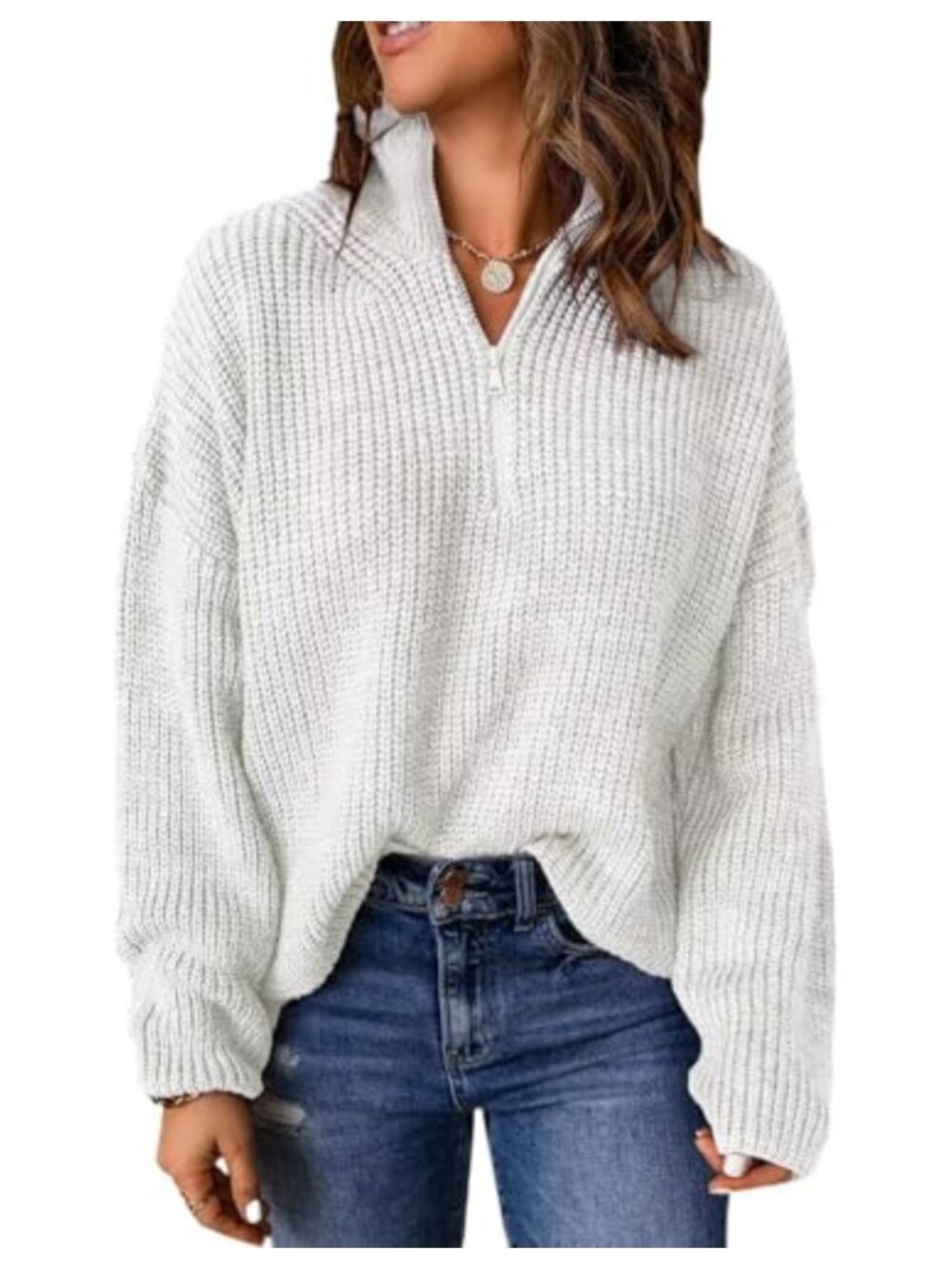 Waffle Knit Quarter Zip Pullover Sweater Women Long Sleeve Collared V Neck
